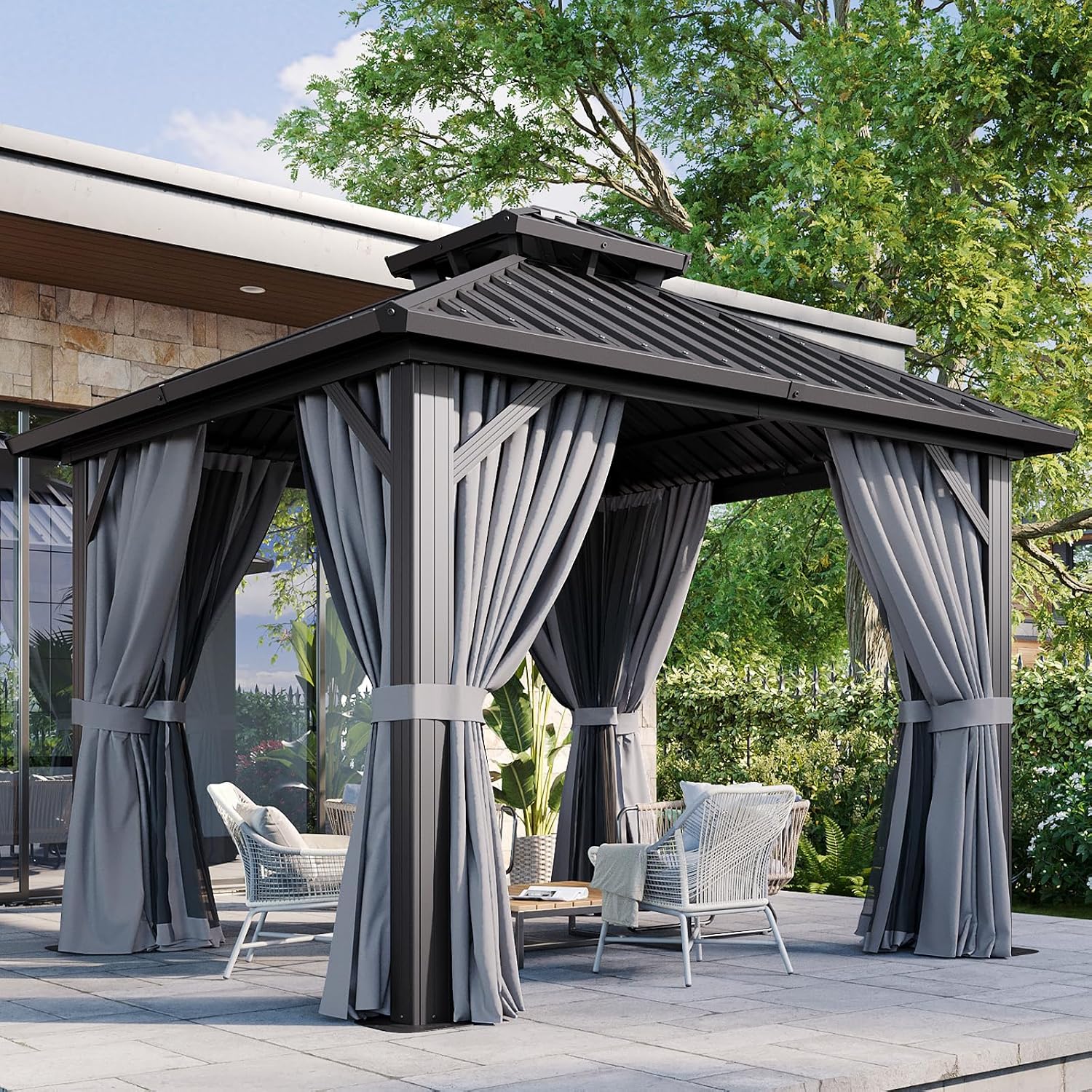 Aoxun 10Ft X 10Ft Hardtop Gazebo, Aluminum Metal Outdoor Gazebo with Breathable Netting and Curtains, Galvanized Steel Double Top, Permanent Patio Pavilion for Backyard, Wedding, Party