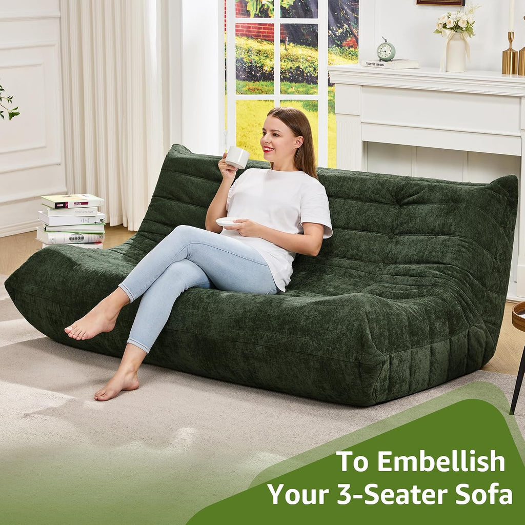 Bean Bag Chairs for Adults Giant Bean Bag Chair Memory Foam BeanBag Chair Bean Bag Sofa with Filler Faux Fur Fireside Beanbags Lazy Sofa for Living Room Bedroom Office (Green Chenille, 3-Seater)