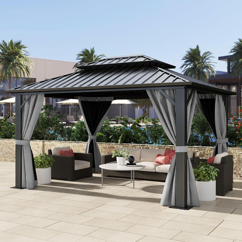DWVO 10x12ft Gazebo Double Roof Hardtop with Nettings and Curtains, Heavy Duty Galvanized Steel Outdoor Vertical Stripes Roof for Patio, Backyard, Deck, Lawns, Grey