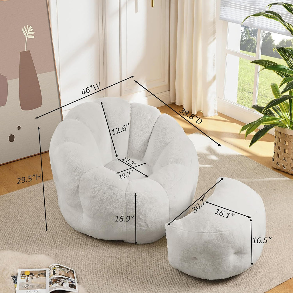 Bean Bag Chair with Ottoman, Flower Shape Bean Bag Chairs for Adults and Teens, Comfy Plush Faux Fur Bean Bags for Living Room, Bedroom, Apartment, Dorm, White