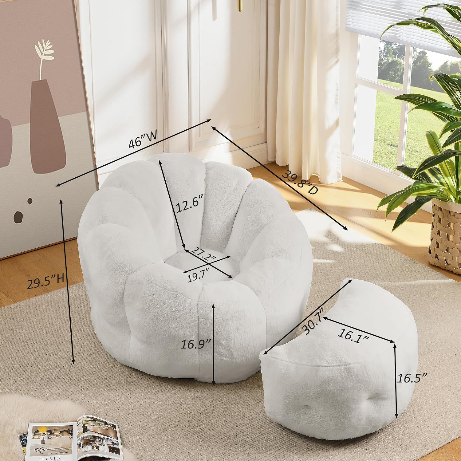 Bean Bag Chair with Ottoman, Flower Shape Bean Bag Chairs for Adults and Teens, Comfy Plush Faux Fur Bean Bags for Living Room, Bedroom, Apartment, Dorm, White