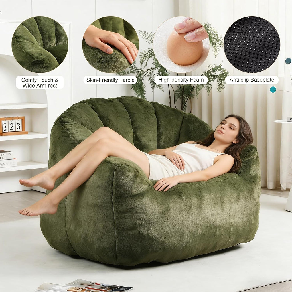 Bean Bag Chair, Bean Bag Couch for Adults and Kids, Comfy Shell-Shaped Chair with Filler Armrests Stuffed High-Density Foam Stuffed Sofa Lounge Floor Sofa for Bedroom,Gaming, Reading,Green