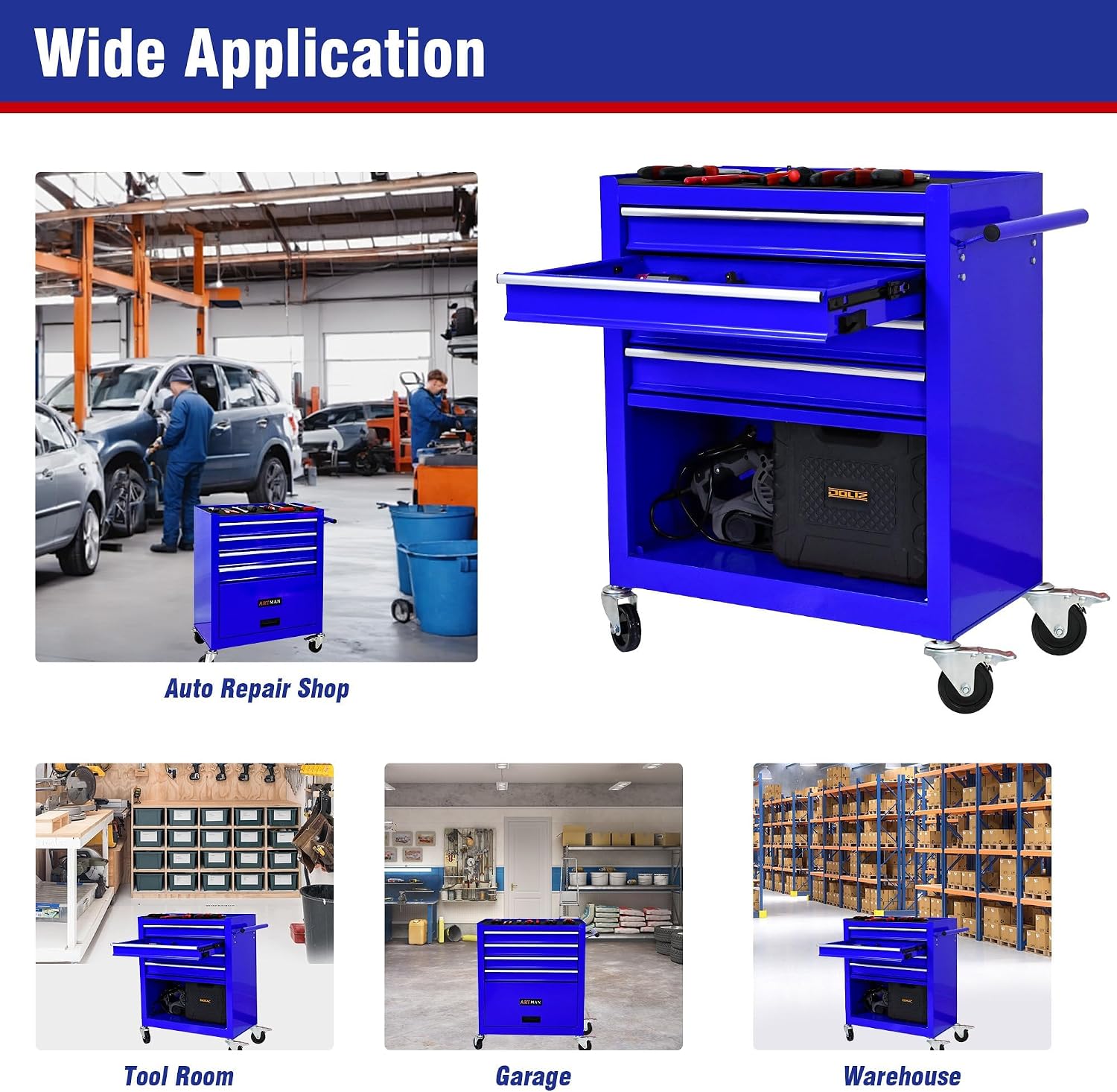 4 Drawers Rolling Tool Cart on Wheels, Trolley Organizer Tool Case Tool Chest, Multifunctional Tool Storage Tool Box for Workshop, Garage, Warehouse, Repair Shop(24.2' W×12.9' D×29.9' H-Blue)