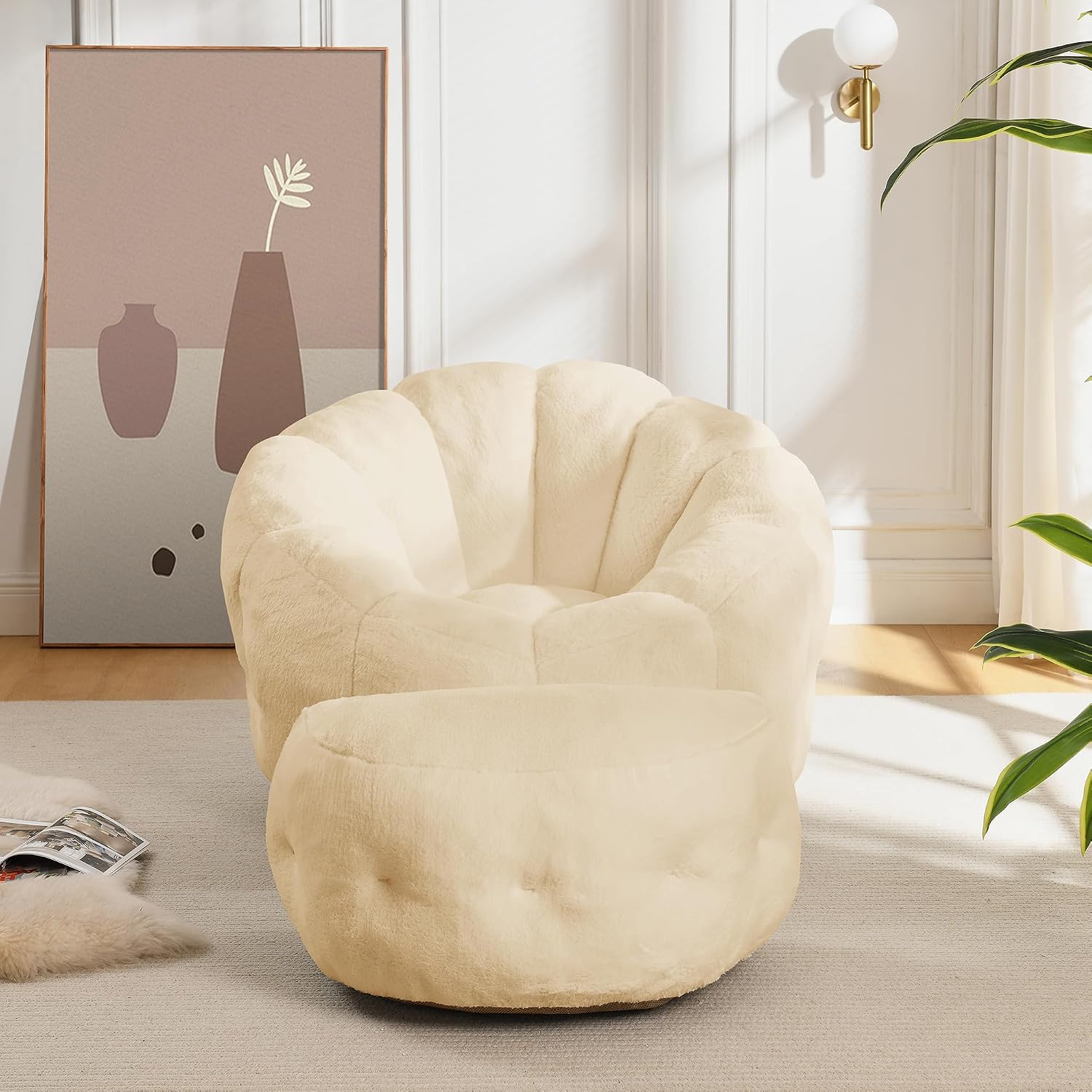 Bean Bag Chair with Ottoman, Beige Flower Bean Bag Chairs for Adults and Teens, Comfy Plush Faux Fur Reading Chair for Living Room, Bedroom, Apartment, Dorm