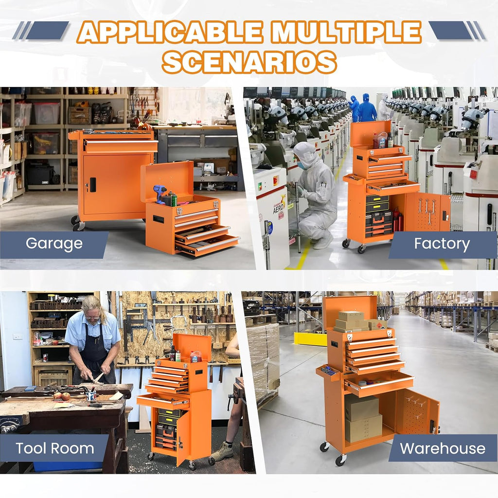 Tool Chest, 5-Drawer Rolling Tool Chest with Detachable Top Box, Tool Box with Wheels, Tool Storage Cabinet for Warehouse, Garage, Workshop Orange