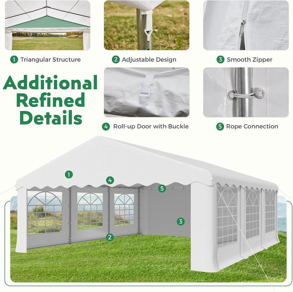 EROMMY 20x20ft Party Tent, Heavy Duty Large Wedding Canopy Outdoor Carport with 6 Removable Sidewalls, 2 Roll-up Doors, 2 Storage Bags, Gazebo Shelter Tent for Party Event Commercials, White