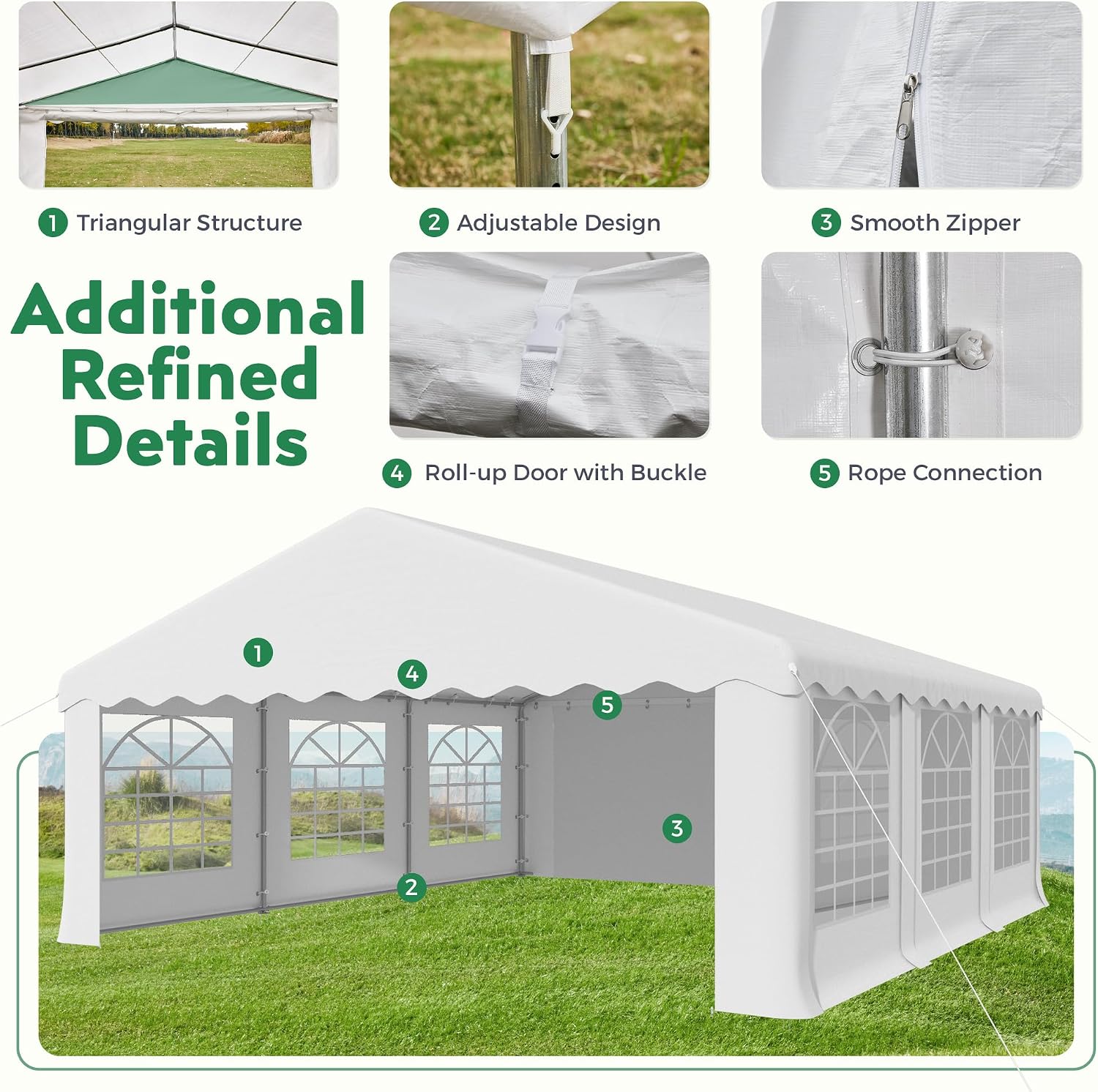 EROMMY 20x20ft Party Tent, Heavy Duty Large Wedding Canopy Outdoor Carport with 6 Removable Sidewalls, 2 Roll-up Doors, 2 Storage Bags, Gazebo Shelter Tent for Party Event Commercials, White