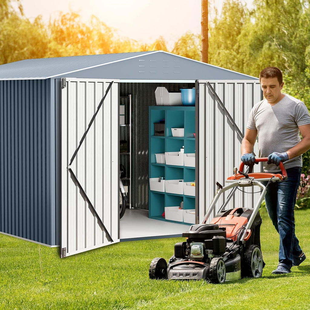 10X12x8 FT Outdoor Steel Storage Shed with Lockable Doors, Garden Sheds with Weather-Resistant and Moisture-Resistant, Ideal for Patio Lawn Backyard Outside Use, Gray