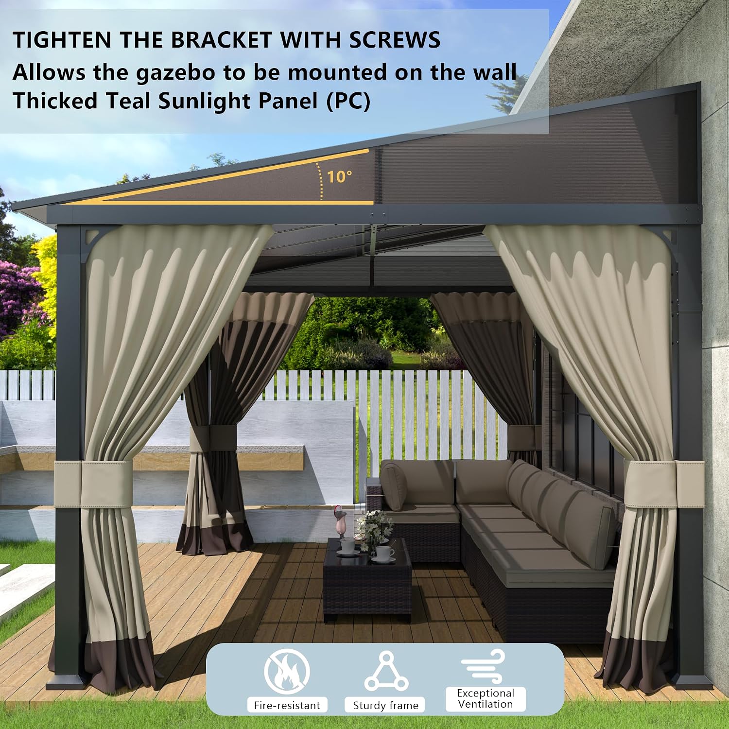 Kurapika 10' x 14' Wall Mount Gazebo Outdoor Pergola, Hardtop Lean to Gazebo Canopy Awnings with Sloped Roof and Sturdy Steel Frame, for Patio, Porch, Deck, Backyard(Grey)