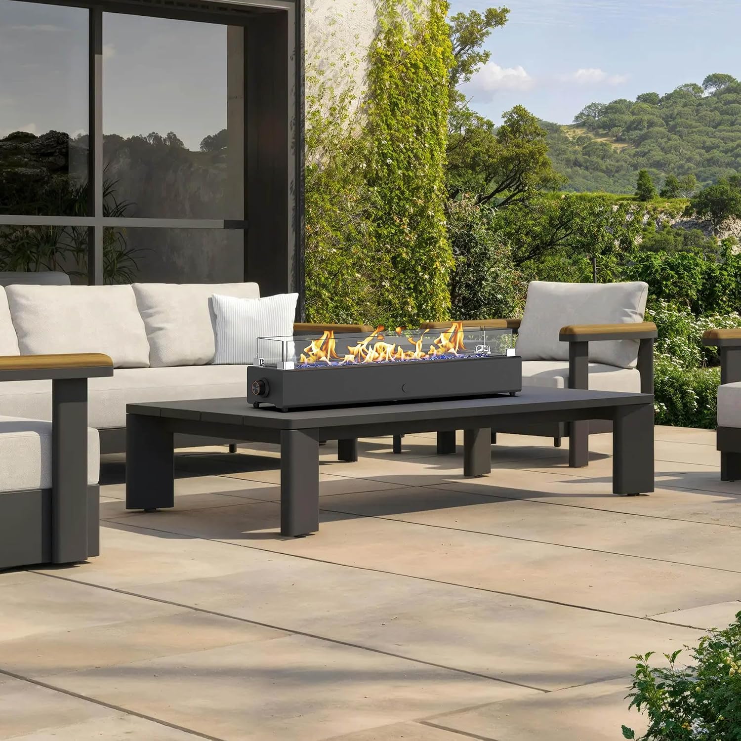 36-inch Table Top Propane Fire Pit, 40,000 BTU Tabletop Firepit for Patio, Outdoor Portable Rectangular Fire Bowl w/Wind Glass Shield, Glass Rocks - Black