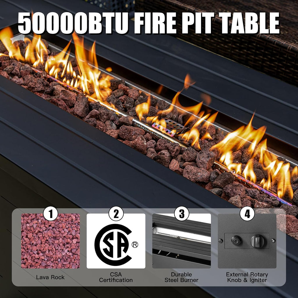 EcoNook 57 inch Propane Fire Pit Table,50000 BTU Gas Fire Pits Table with Lid & Lava Rock & Waterproof Cover, Outdoor Propane Firepit for Dining or Party, Outside, Patio, Garden, Yard