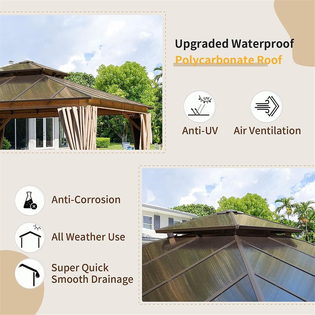 12x12Ft Hardtop Gazebo Wood-Looking Aluminum Frame Patio Gazebos with Polycarbonate Double Roof Permanent Gazebo Pavilion with Curtain and Netting for Garden Patio Lawns Deck Backyard