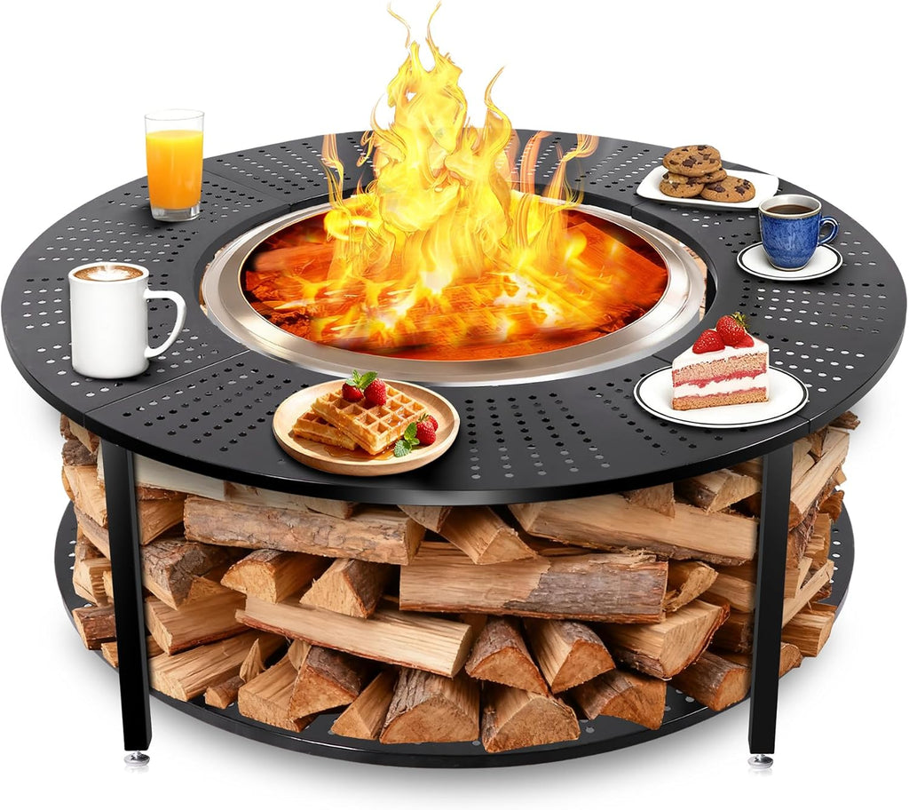 40 Inch Compact Fire Pit Surround Tabletop for Solo Stove Ranger & Tiki 20, Outdoor Patio Stand with Firewood Storage Shelf, Heavy Duty Steel, 200LB Capacity