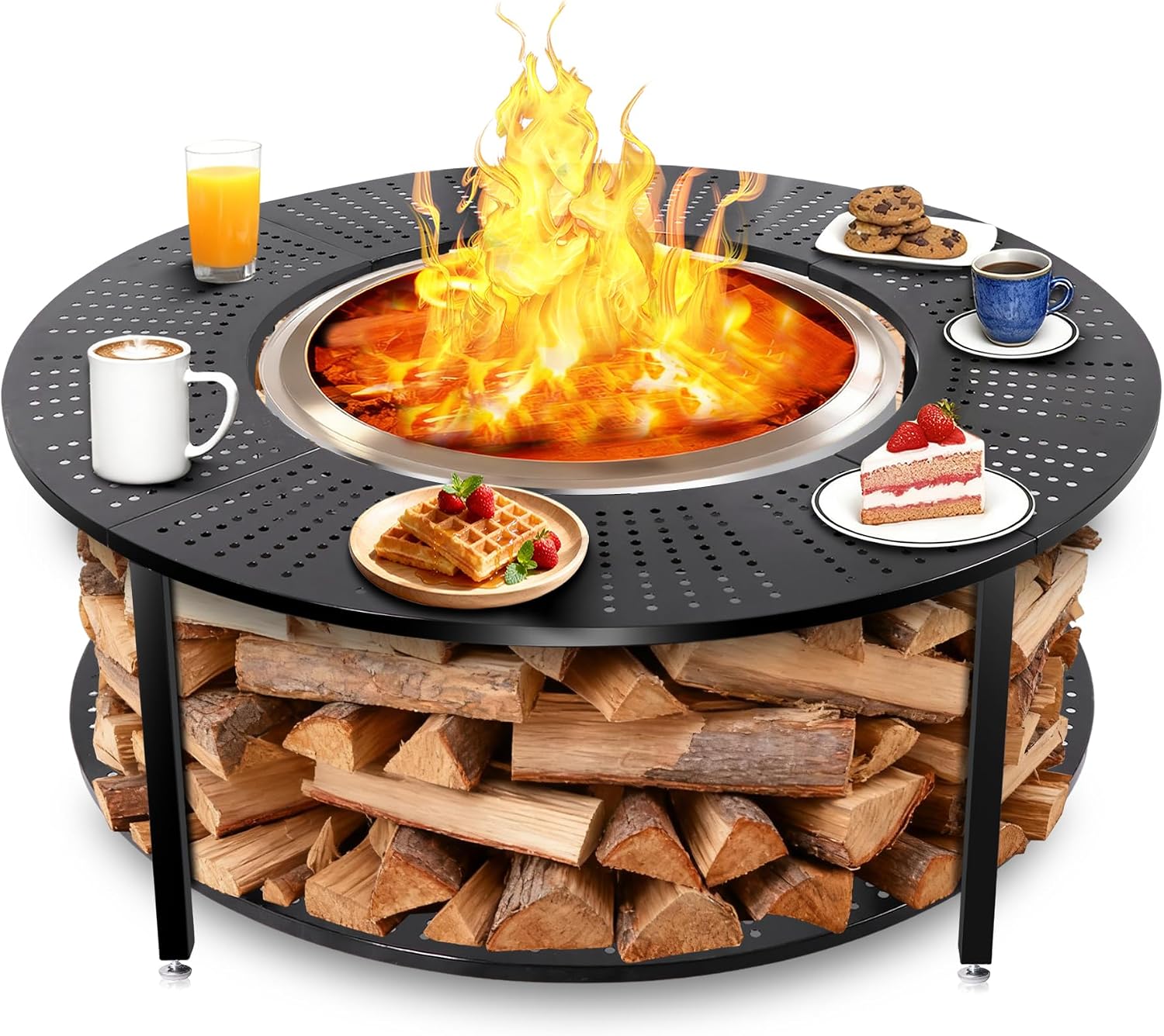 40 Inch Compact Fire Pit Surround Tabletop for Solo Stove Ranger & Tiki 20, Outdoor Patio Stand with Firewood Storage Shelf, Heavy Duty Steel, 200LB Capacity