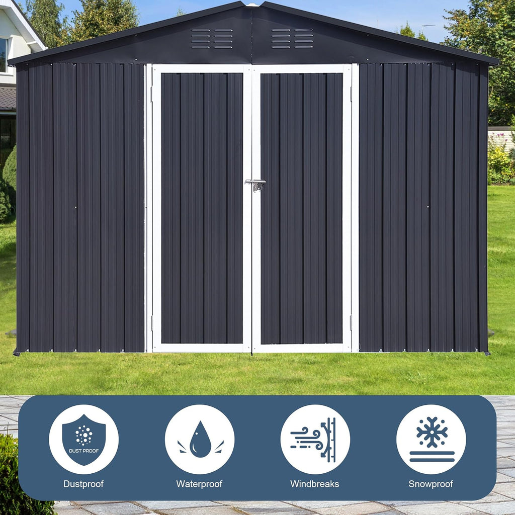 Shed with Windows,Large Metal Outdoor Storage Shed, Lockable Tool Storage shed, Steel Garden shed, Suitable for Backyard, Terrace, and Poolside (Dark Grey, 10FTx8FT)