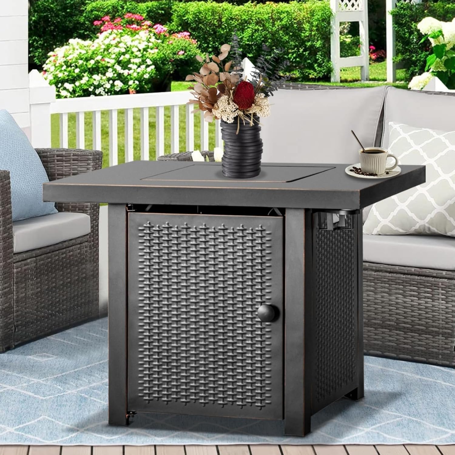 OutVue 32 Inch Propane Fire Pit Table, Outdoor Gas Fire Pits with 2 Drink Holders, Lid & Lava Rock, 50000 BTU Firepit Table for Dinning, Party in Outside, Patio, Garden or Yard