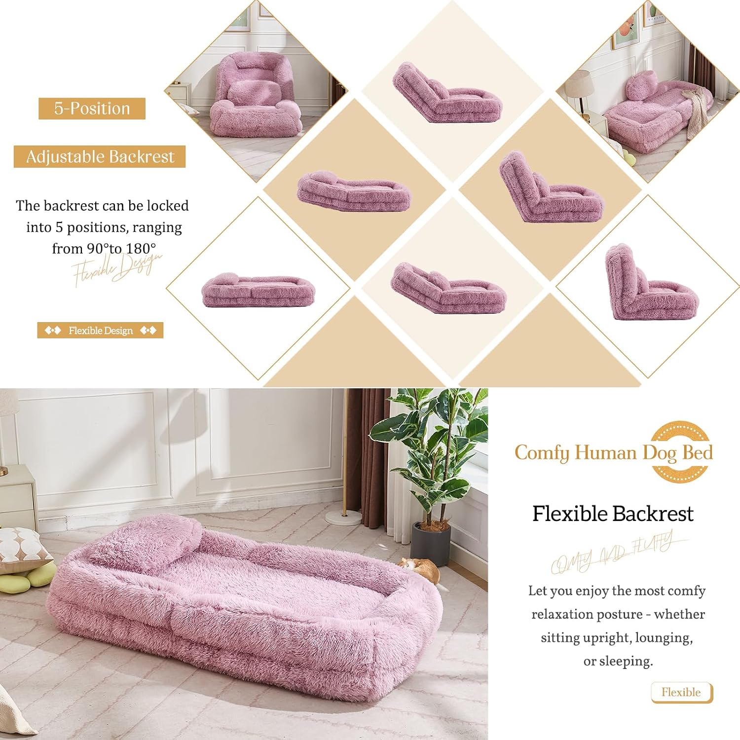 Adjustable Plush Human Dog Bed Lounger for Adult, 5-Position Foldable Lazy Lounge Sofa, Large Size Bean Bag Chair with Pillow, Folding Floor Chair for Living Room, Bedroom, Gaming Room, Pink