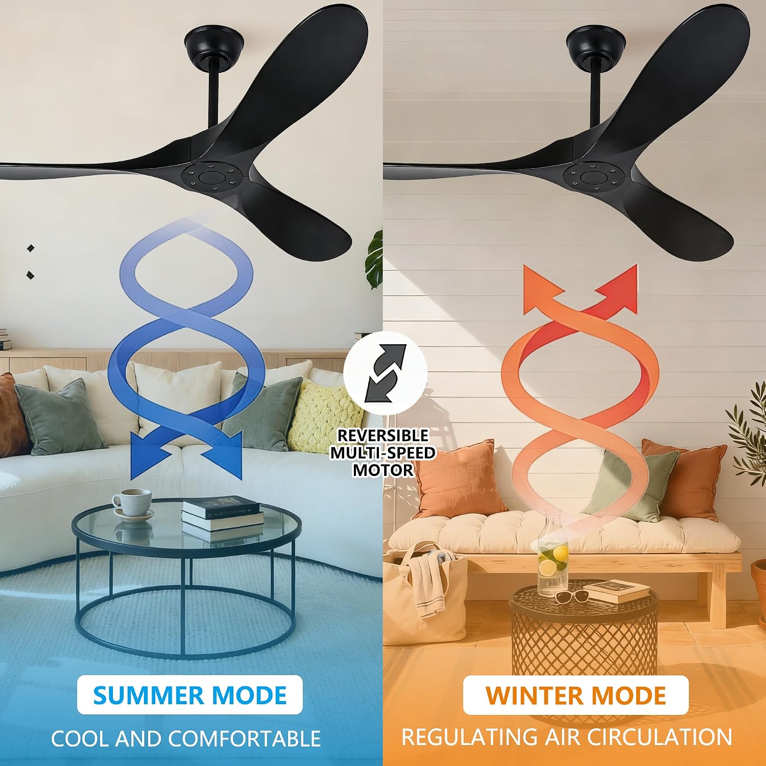 52 Inch Black Outdoor Ceiling Fan No Light, 3 Blade Wood Propeller Ceiling Fans for Patios, Wet Rated Indoor Ceiling Fan without Light for Living Room Bedroom with Remote