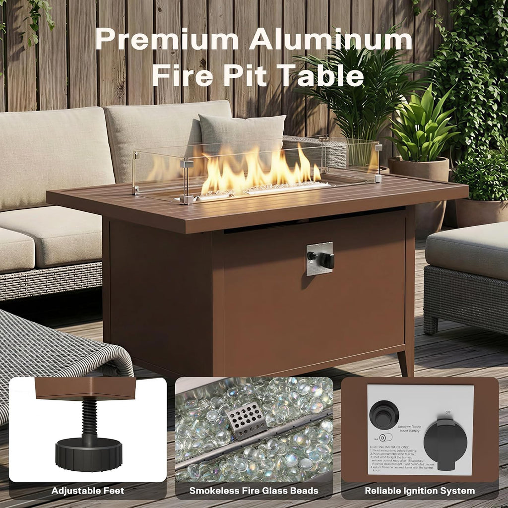 43' Aluminum Propane Fire Pit Table with 55,000 BTU, Rectangle Outdoor Gas Fire Table with Glass Wind Guard, Glass Stones & Waterproof Cover, Patio Fire Table for Backyard, Deck, Garden, Brown