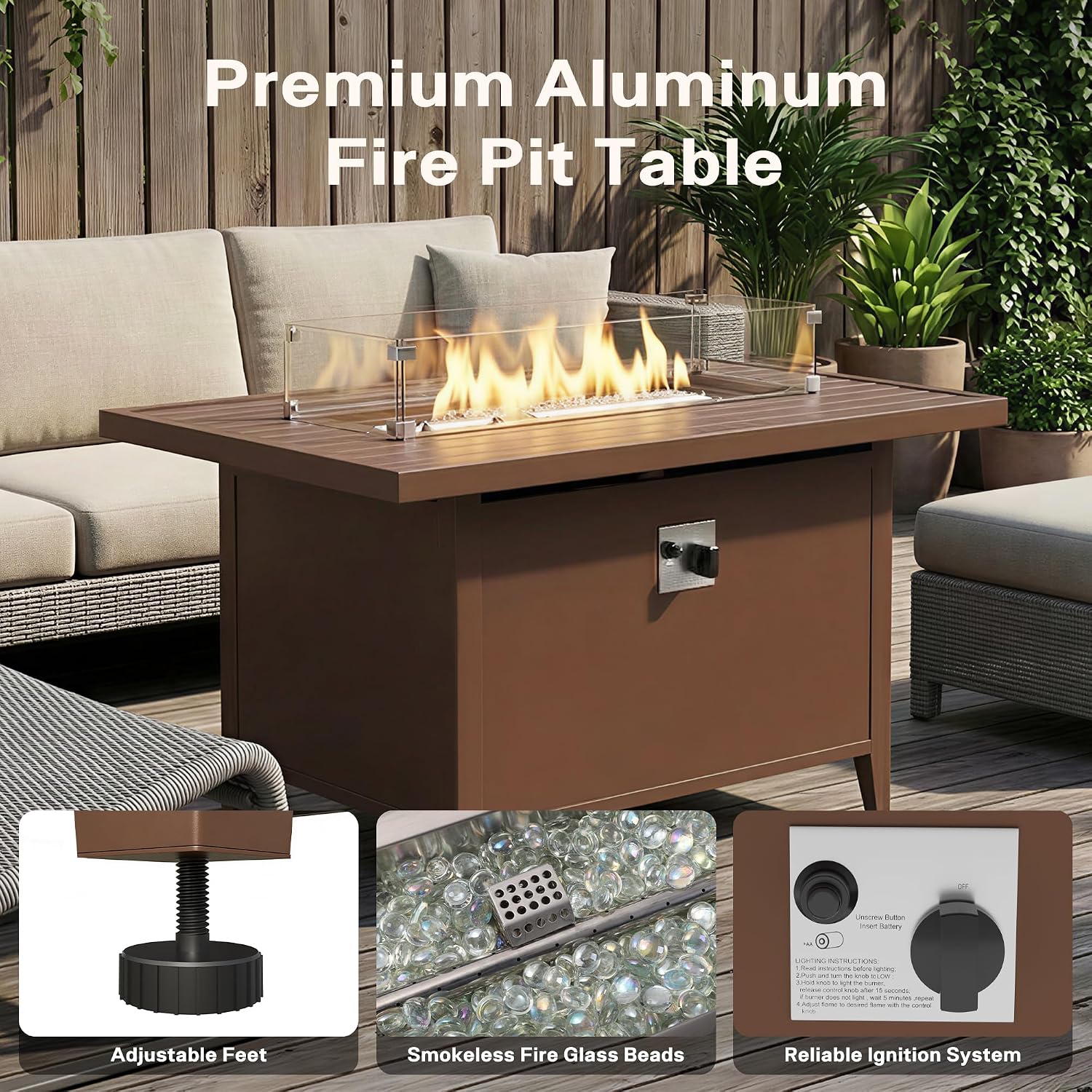 43' Aluminum Propane Fire Pit Table with 55,000 BTU, Rectangle Outdoor Gas Fire Table with Glass Wind Guard, Glass Stones & Waterproof Cover, Patio Fire Table for Backyard, Deck, Garden, Brown