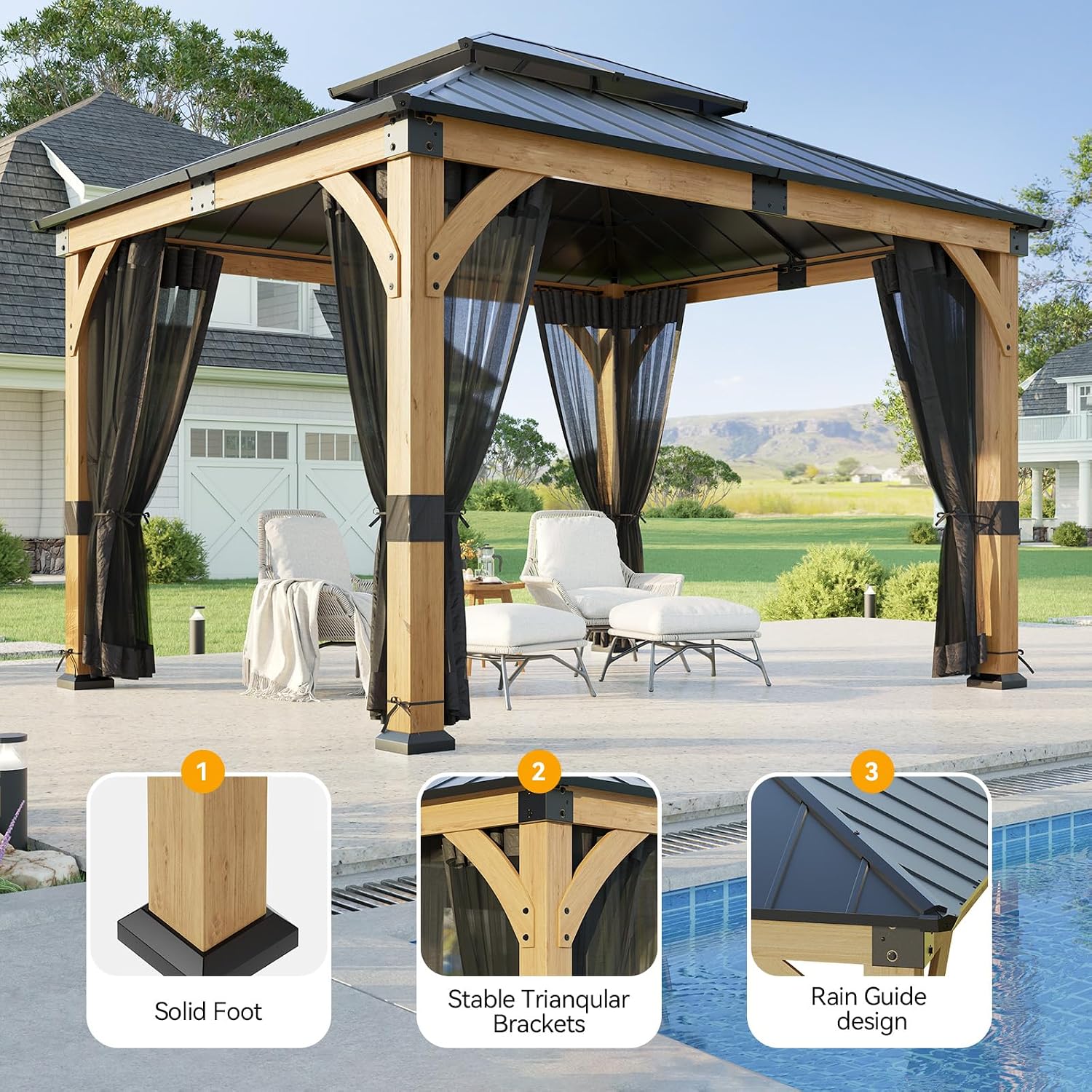 10x12 ft Cedar Wood Gazebo with Translucent roof, Hardtop Gazebo with Galvanized Steel Double Roof and Mosquito Netting, Heavy Duty Pavilion for Patio Lawn and Garden