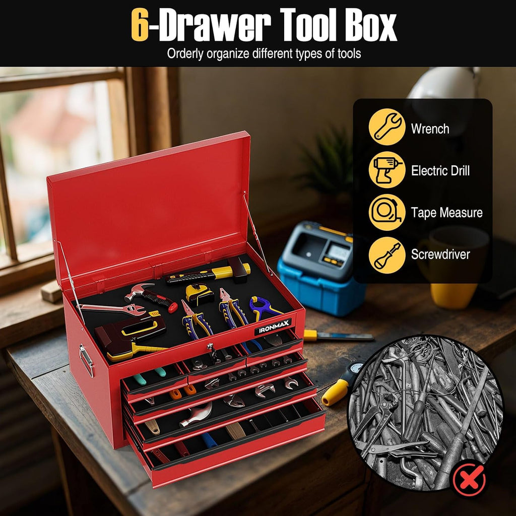 ERGOMASTER Steel Tool Box, 24'' Metal Tool Box with 6 Drawers, Lockable Heavy Duty Tool Chest Cabinet Storage Toolbox for Garage, Workshop, Repair Shop (Red-6 Drawers)