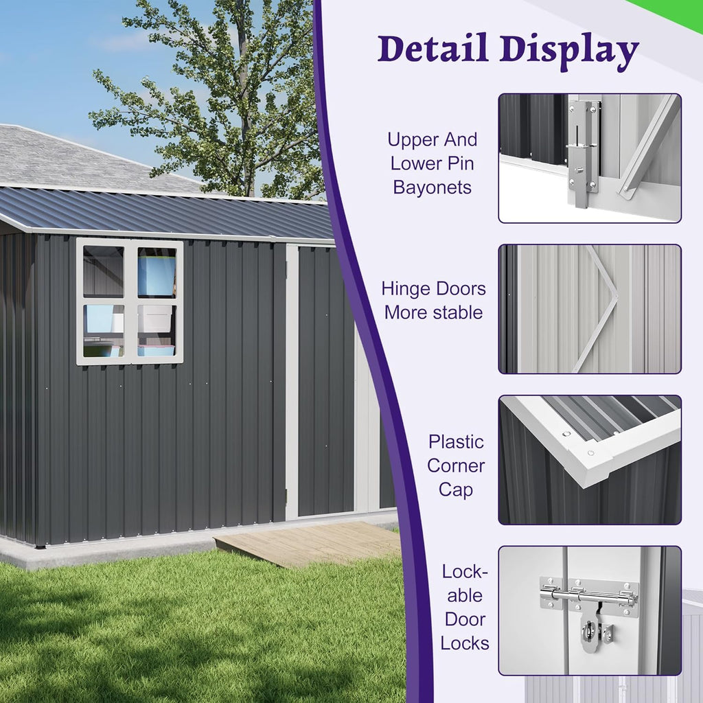 8x10 FT Shed Outdoor Storage Metal Large Garden Tool Sheds with Lockable Doors Floor Frame Window Gable Roof Waterproof Steel Utility Equipment Sheds for Backyard Patio Lawn Poolside, Grey