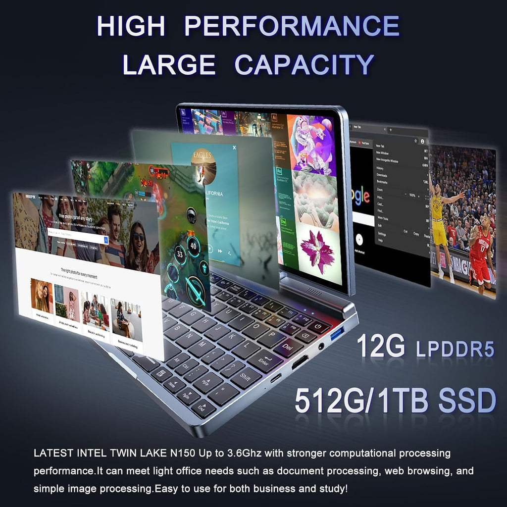 Mini Laptop 8' 2-in-1, Laptop Computer Win 11, Intel N150(up to 3.6GHz), 12GB RAM 1TB SSD, Touchscreen HD, Backlit Keyboard, Wi-Fi 6, USB-C, Lightweight Portable PC for Work/Kids/School