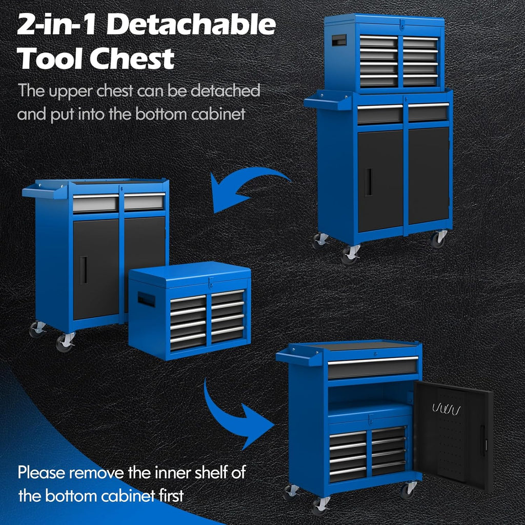 IRONMAX Rolling Tool Chest, 5-Drawer Lockable Tool Cabinet w/Adjustable Shelf & 4 Universal Wheels, 2 in 1 Detachable Tool Box Storage Organizer for Garage Workshop Repair Shop, Blue