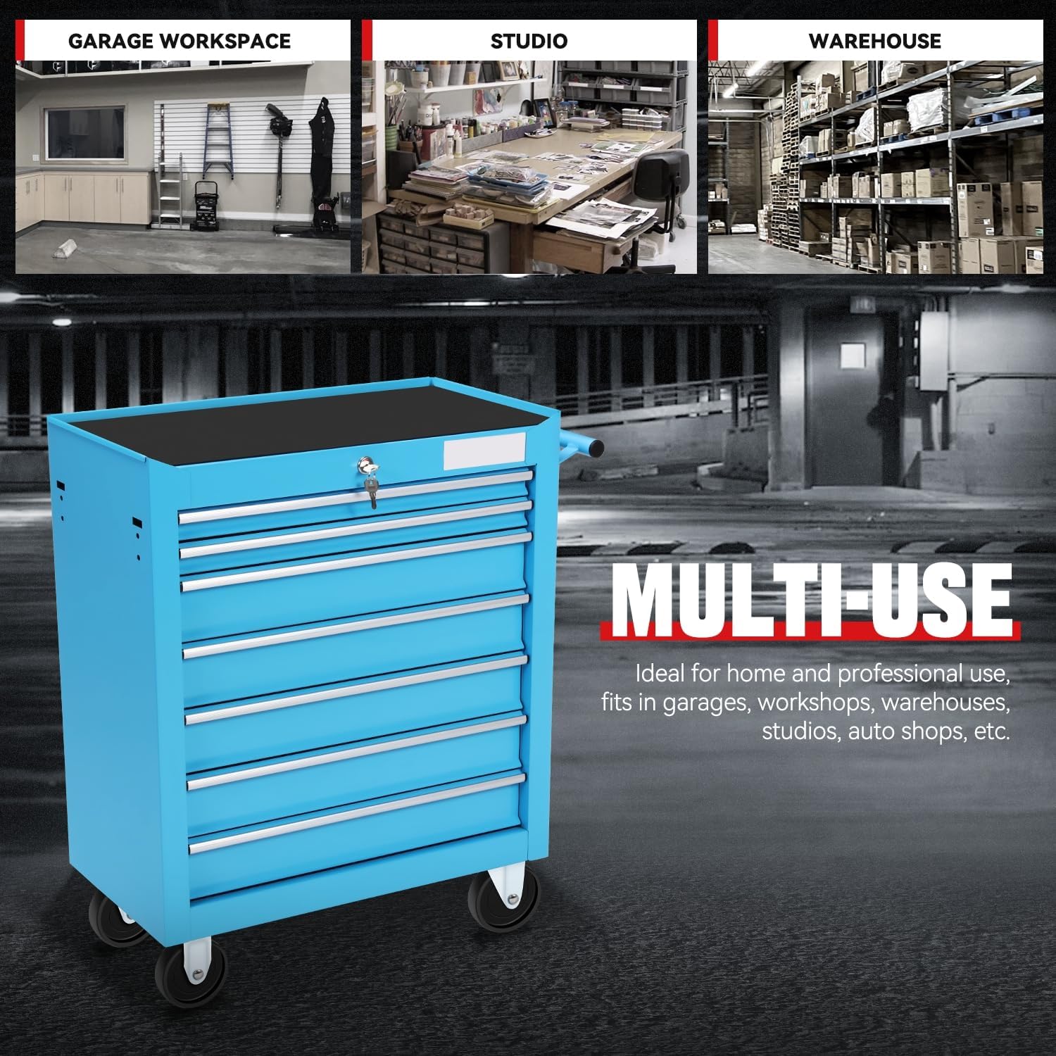 Auto Dynasty 7-Drawer Heavy-Duty Rolling Tool Trolley Tray with Ball-Bearing Slides, Corrosion-Resistant Finish, and Swivel Casters for Ultimate Workshop Organization