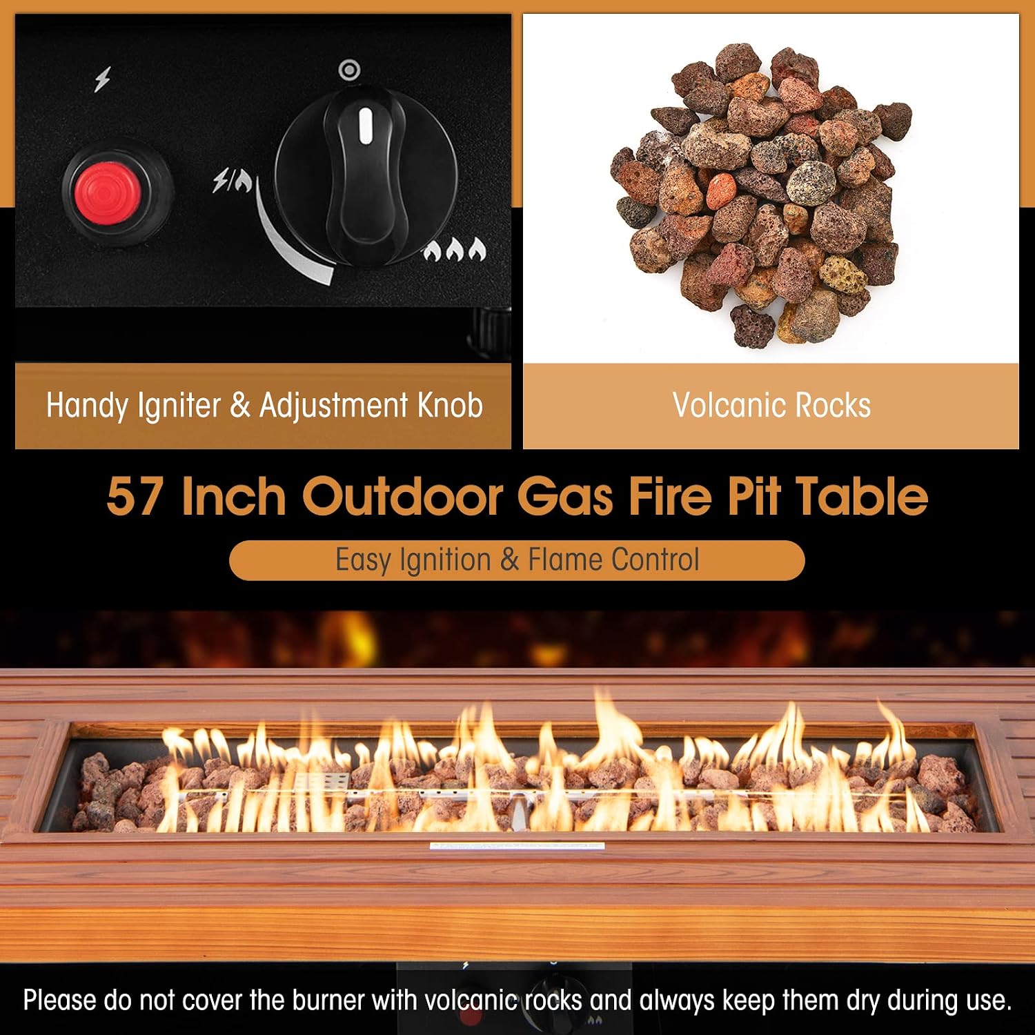 Tangkula 57 Inches Propane Fire Pit Table, Patiojoy 50,000 BTU Outdoor Rectangular FirePit Table, Dual-Use Auto-Ignition Patio Gas Fire Table with Lid and Lava Rocks for Backyard, Garden, Party