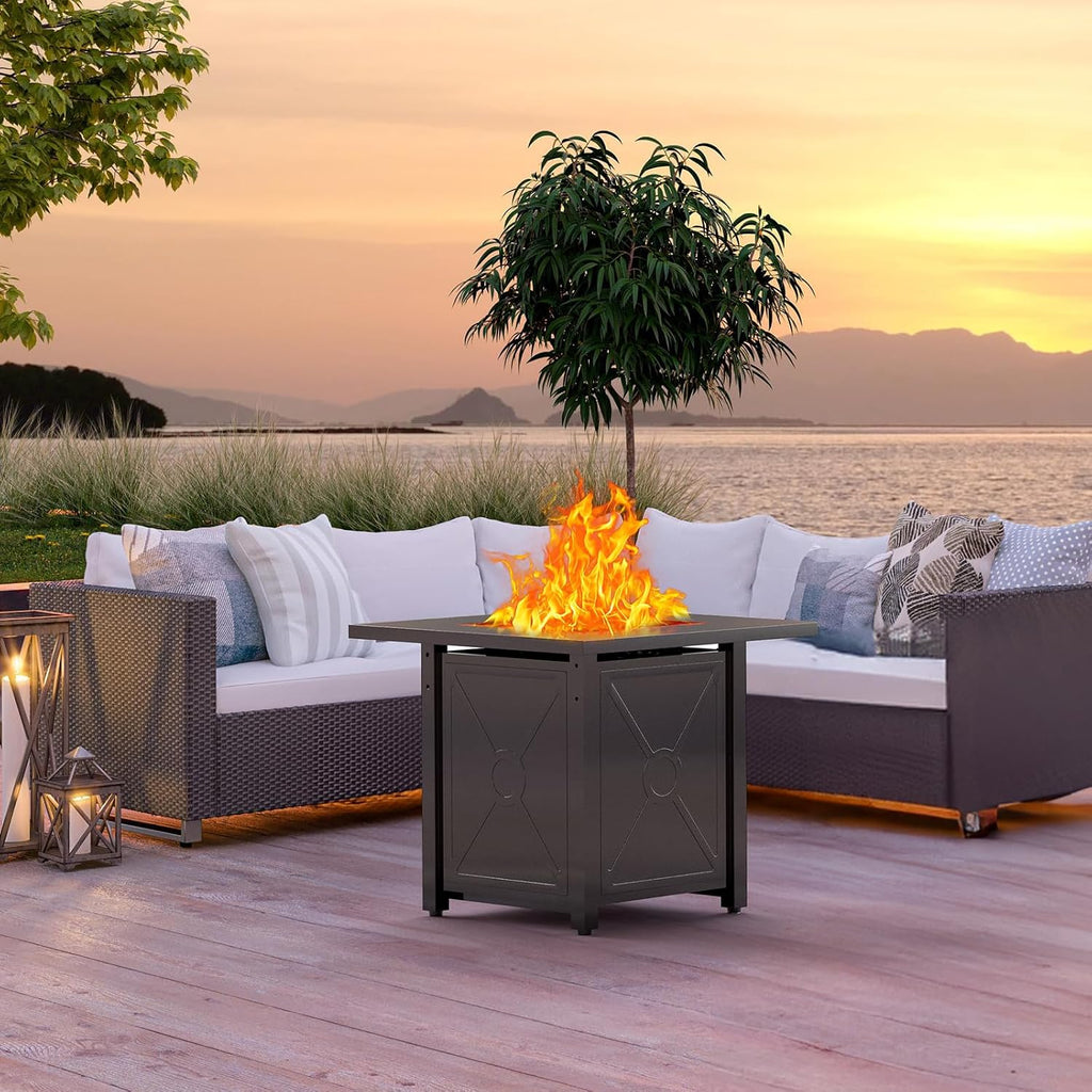 Xbeauty Propane Fire Pit Table, 28' Outdoor Gas Fire Pit Table, 40,000 BTU Auto-Ignition Fire Tables with Lid, Rain Cover and 3 Pounds Lava Stones for Outside Garden Backyard Deck Patio (Square)