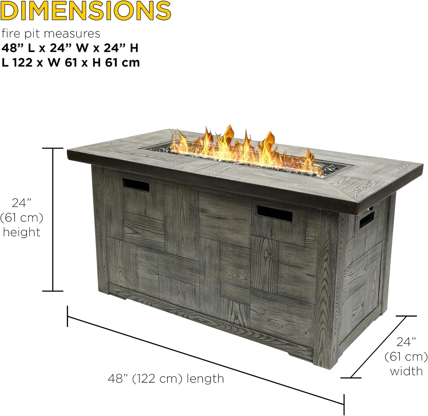 Alpine Corporation GXT974 Rectangular Wood Look Fire Pit Table with 50K BTU & Adjustable Flame, Cozy Patio Décor, 24' H, Gray