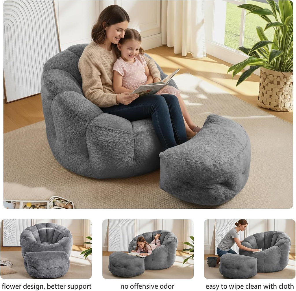 Bean Bag Chair with Ottoman, Flower Bean Bag Chairs for Adults and Teens, Comfy Plush Faux Fur Reading Chair for Living Room, Bedroom, Apartment, Dorm, Grey