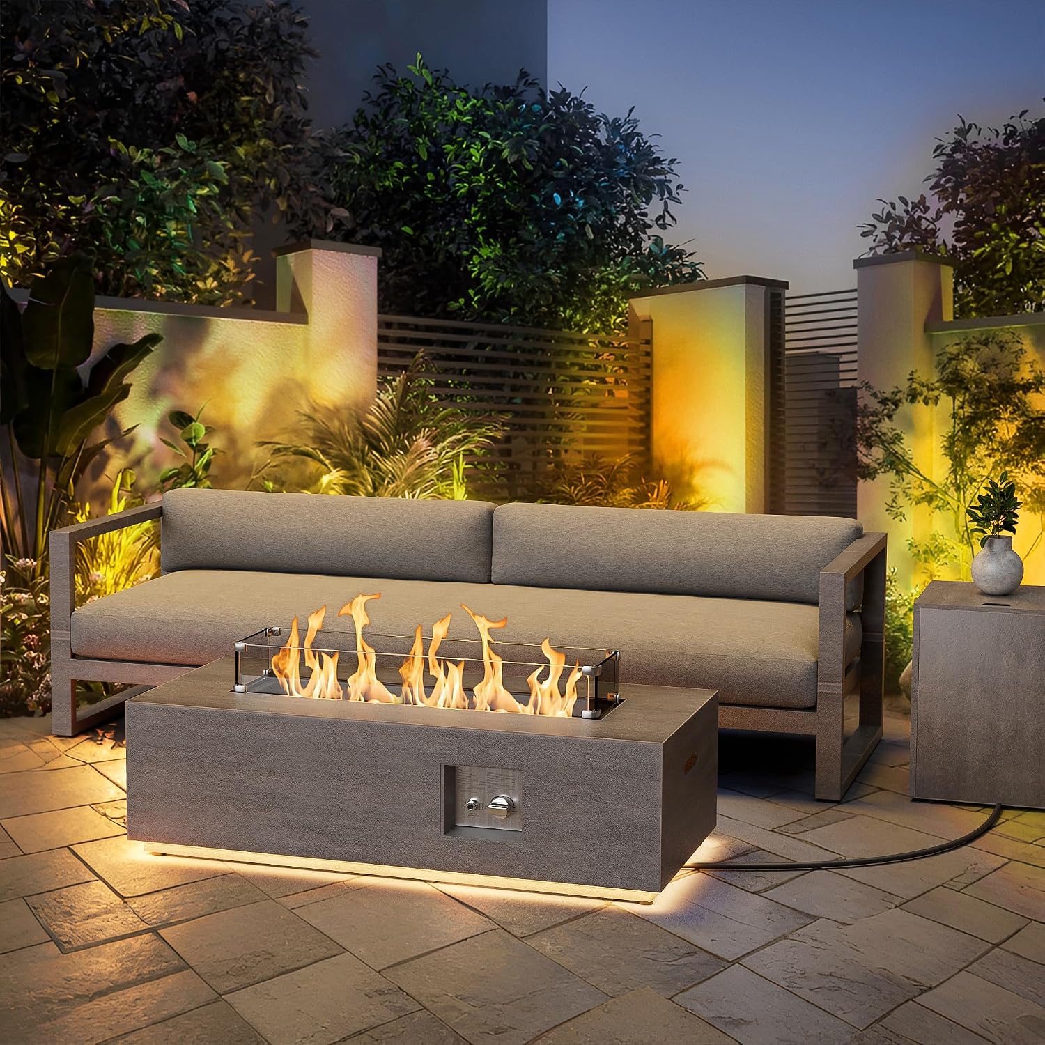 Dineli 2-Piece Outdoor Propane Fire Pit Table Set w Tank Table 42'' Rectangular Firepit Gas Fire Pits for Outside Patio Table Fire Pit w LED, 50,000 BTU (Gray, with Warmlight)