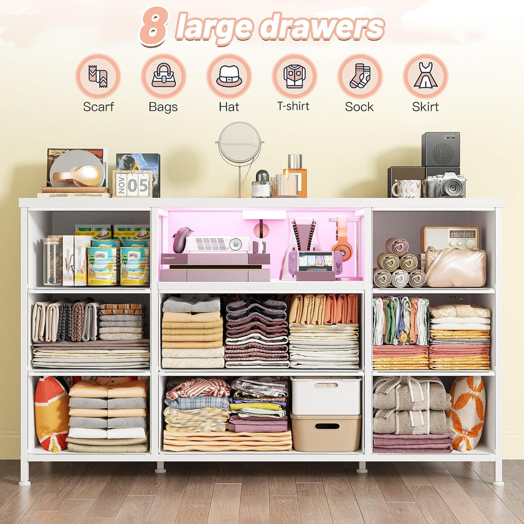 White Dresser for Bedroom with LED Lights & Charging Station, Dresser TV Stand for Bedroom with 8 Drawer for 55 inch TV, Fabric Dressers & Chests of Drawers with Open Shelves for Hallway Entryway