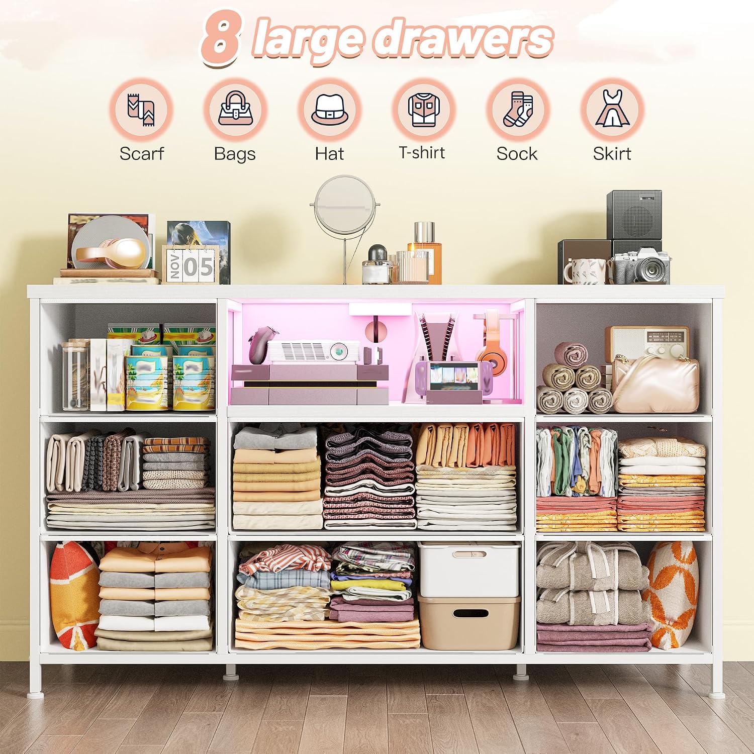 White Dresser for Bedroom with LED Lights & Charging Station, Dresser TV Stand for Bedroom with 8 Drawer for 55 inch TV, Fabric Dressers & Chests of Drawers with Open Shelves for Hallway Entryway