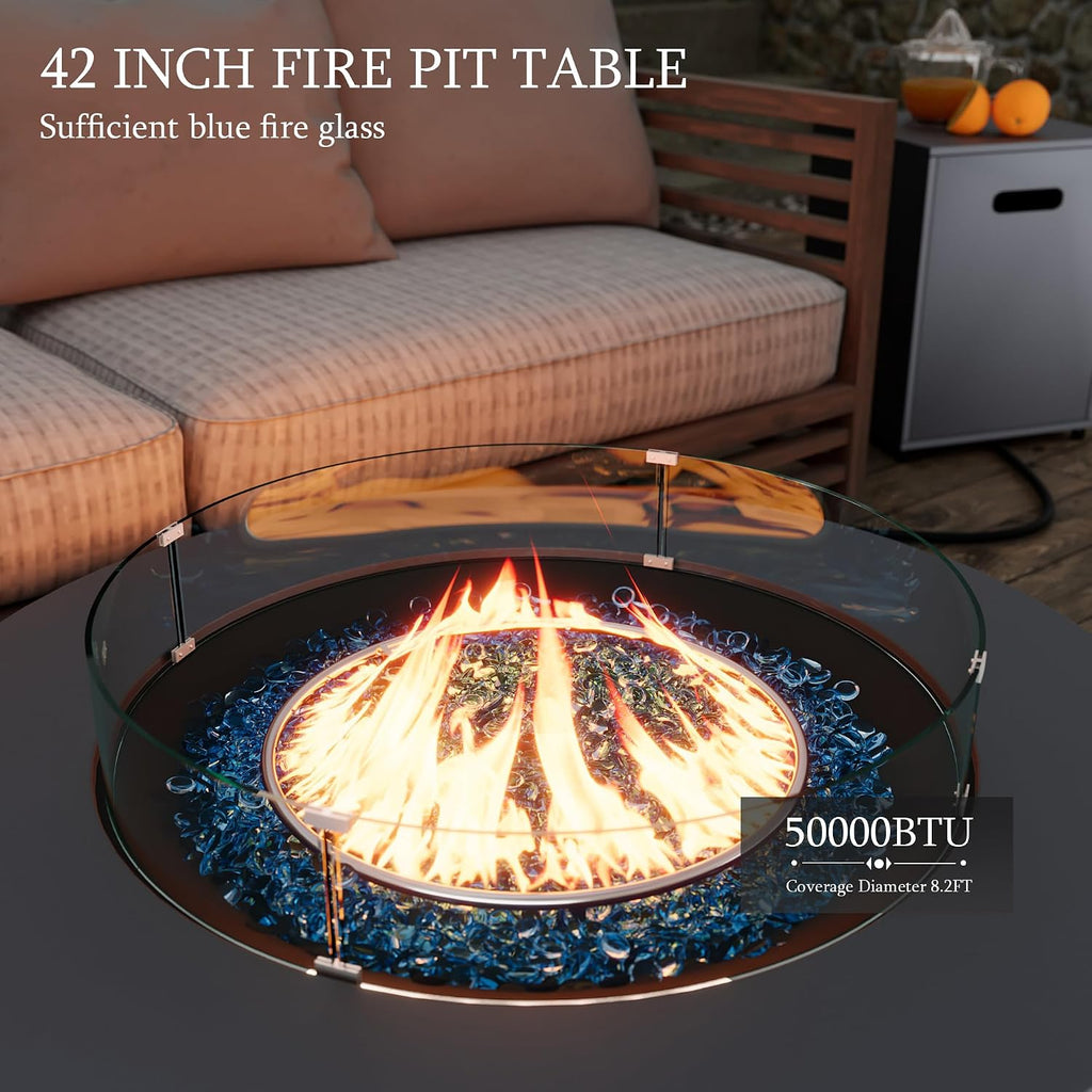 UPHA 42-inch Outdoor Propane Gas Fire Pit Table 50000 BTU Iron Round Firepit for Outside Patio with Tank Hidden Table, Wind Guard, Removable Lid, Blue Glass Rocks, Rain Cover, Grey