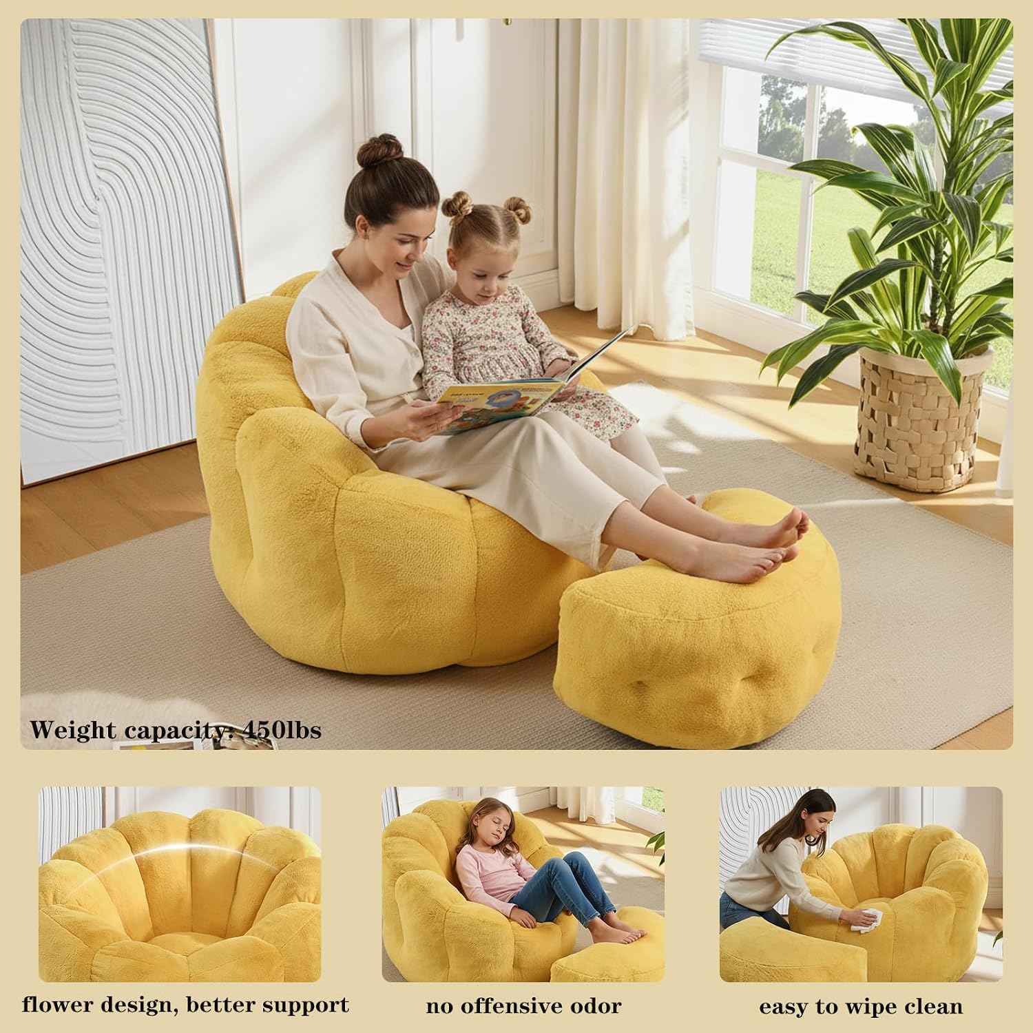 Bean Bag Chair with Ottoman, Flower Shape Bean Bag Chairs for Adults and Teens, Comfy Plush Faux Fur Bean Bags for Living Room, Bedroom, Apartment, Dorm, Yellow