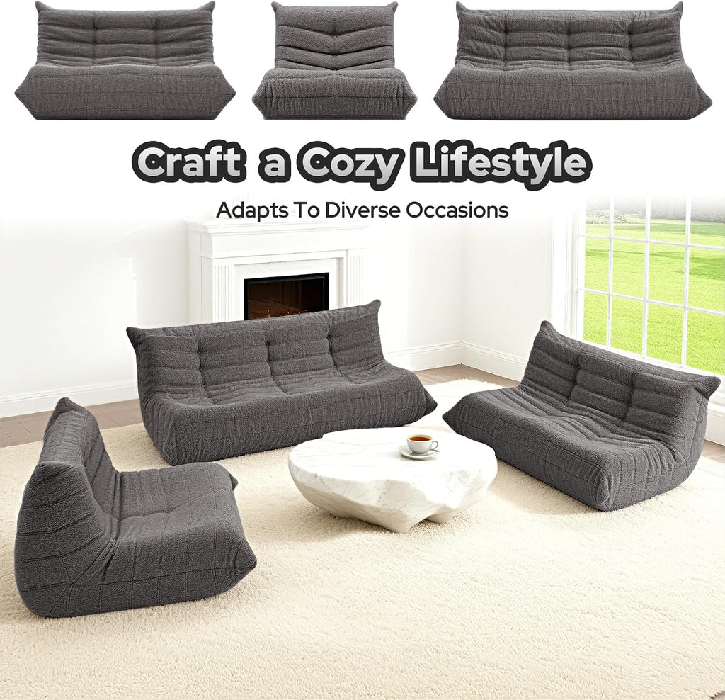 HABUTWAY Bean Bag Chairs Fireside Lazy Floor Sofa, Soft Teddy Fleece 3 Seater Sofa with High-Resilience Foam Filling，Beanbag for Living Room, Bedroom, Office (Dark Grey Teddy)