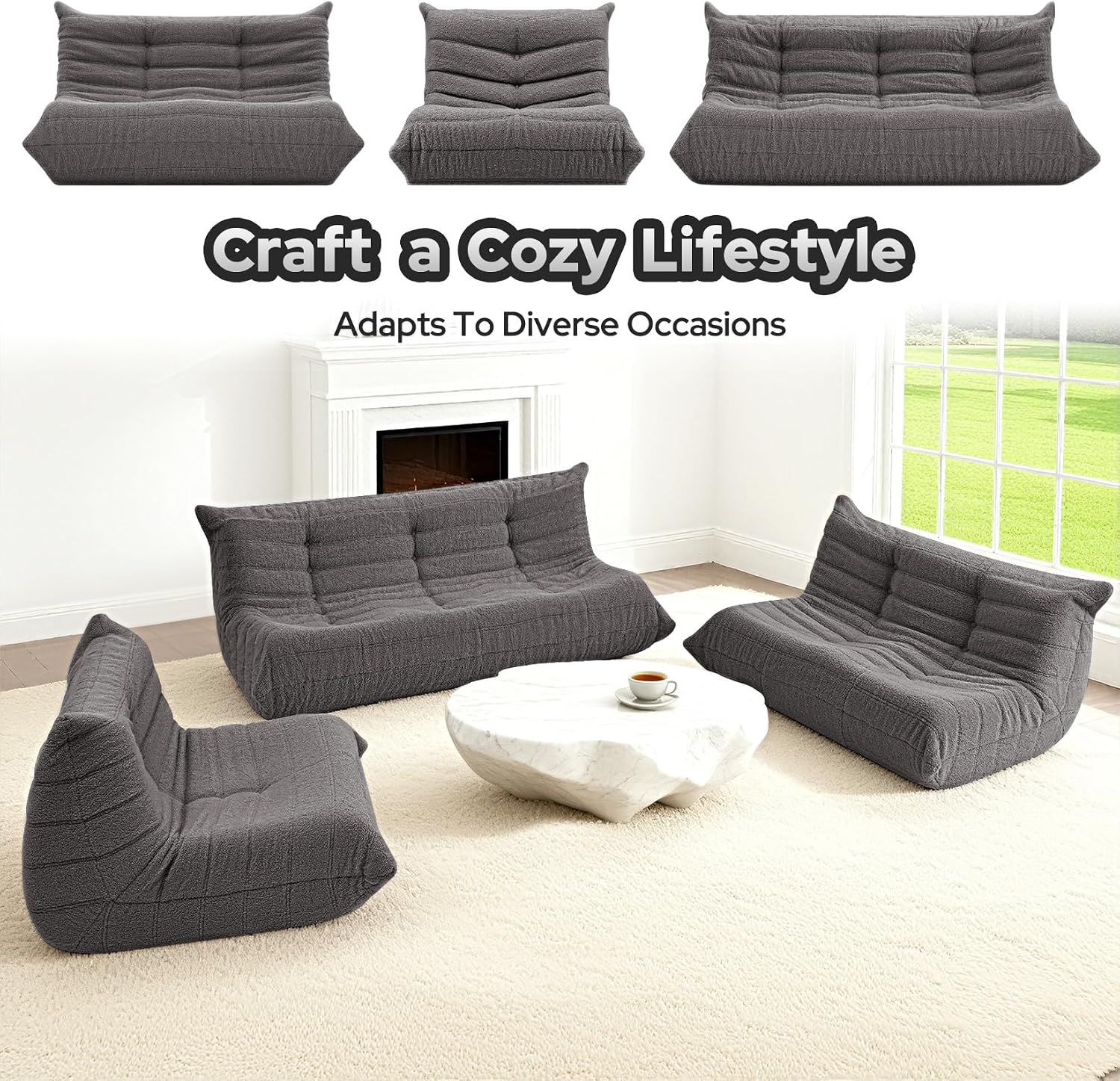 HABUTWAY Bean Bag Chairs Fireside Lazy Floor Sofa, Soft Teddy Fleece 3 Seater Sofa with High-Resilience Foam Filling，Beanbag for Living Room, Bedroom, Office (Dark Grey Teddy)