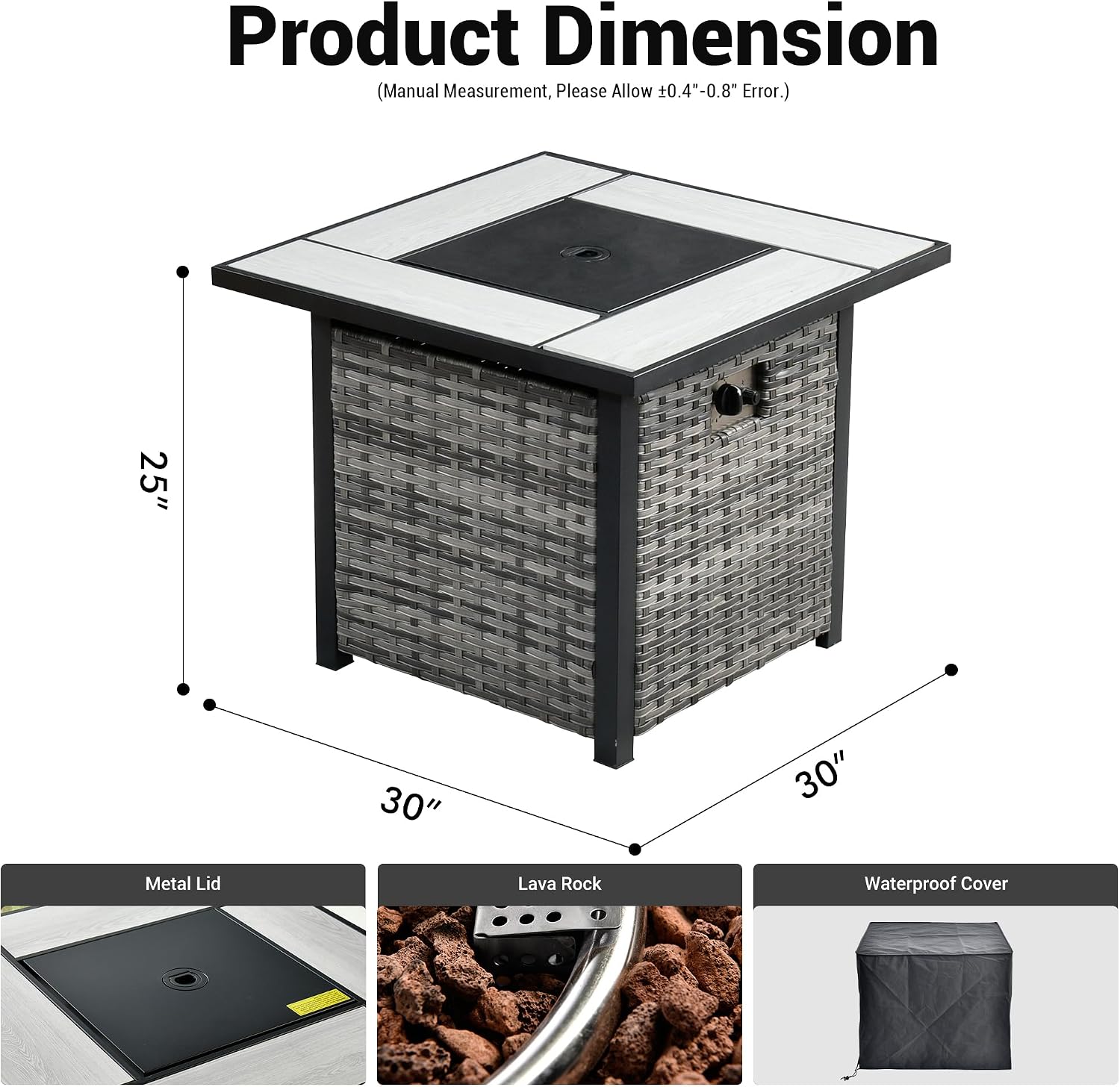 OVIOS 30' Outdoor Propane Fire Pit Table, 50,000 BTU PE Rattan Weaved Firepits with Ceramic Tabletop, Waterproof Cover, Steel Lid, Lava Rock for Patio Deck Garden, Grey