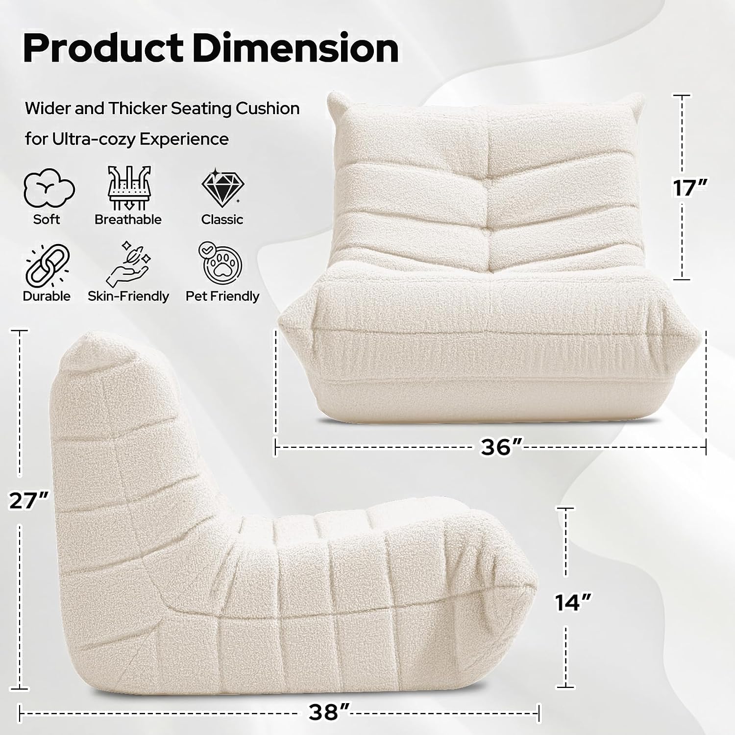 HABUTWAY Bean Bag Chairs Fireside Lazy Floor Sofa, Soft Teddy Fleece Bean Bag Sofa with High-Resilience Foam Filling，Beanbag for Living Room, Bedroom, Office (Beige Teddy)