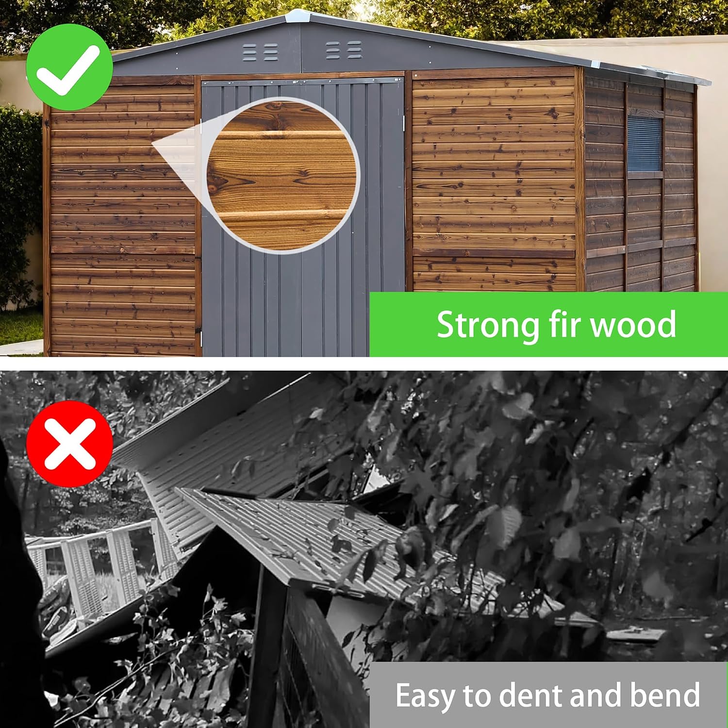 8x10 FT Outdoor Tool Shed, Wood-Iron Combination Storage Shed with Ventilation, Weather-Resistant Roof, Lockable Doors & Wood Grain Finish for Backyard and Garden