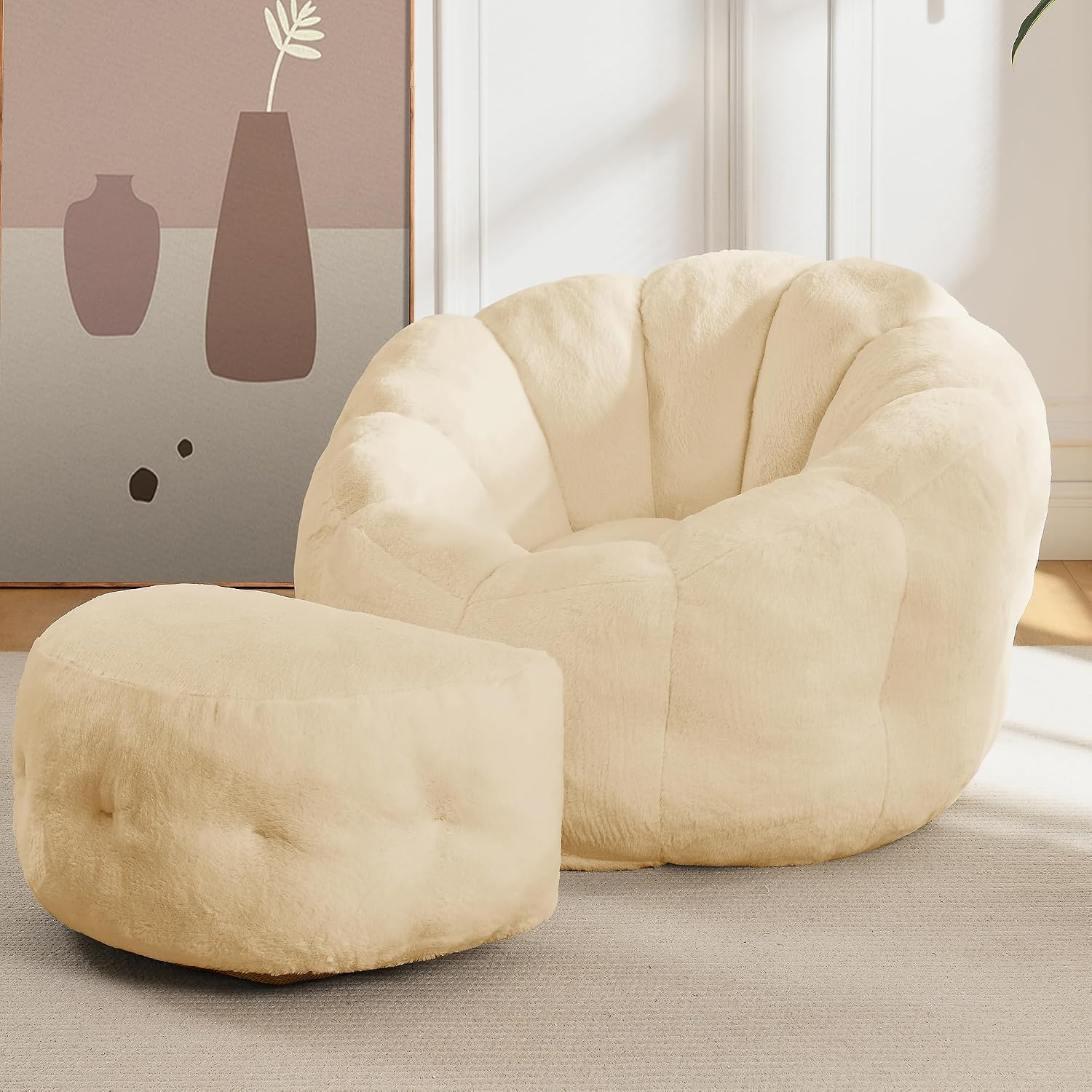Bean Bag Chair with Ottoman, Beige Flower Bean Bag Chairs for Adults and Teens, Comfy Plush Faux Fur Reading Chair for Living Room, Bedroom, Apartment, Dorm