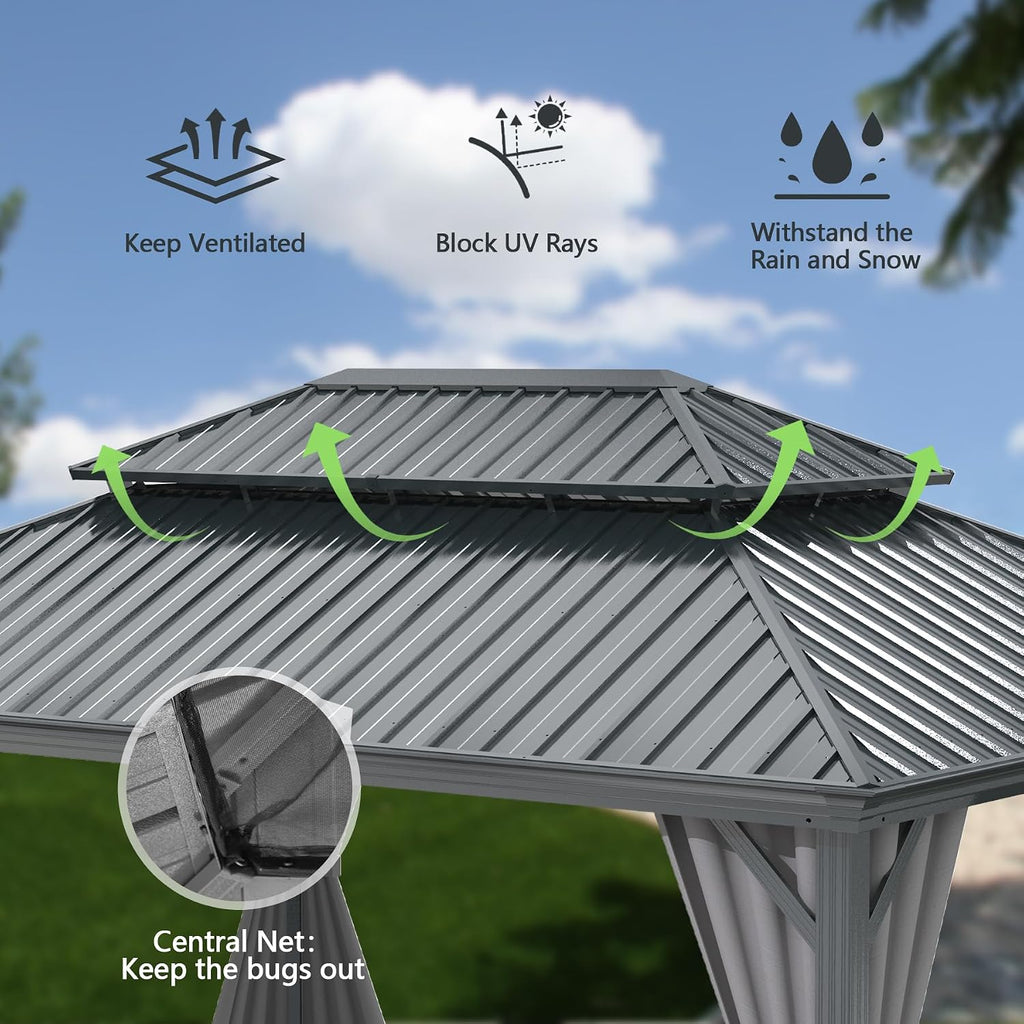 Domi 12x16FT Outdoor Gazebo, Hardtop Gazebo with Galvanized Steel Double Roof, Metal Gazebos with Drainage System Patio Pergola for Patio Deck Backyard,Curtain and Netting,Gray