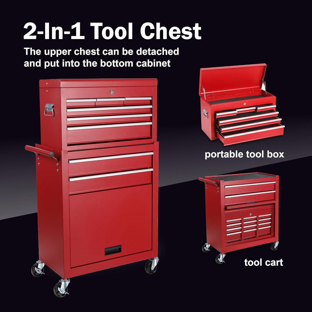 Tool Chest, 8-Drawer Rolling Tool Storage Cabinet with 2 in 1 Detachable Top Tool Box, Liner, Lockable Wheels, Side Hooks, Locking Mechanism, Metal Tool Cart for Garage
