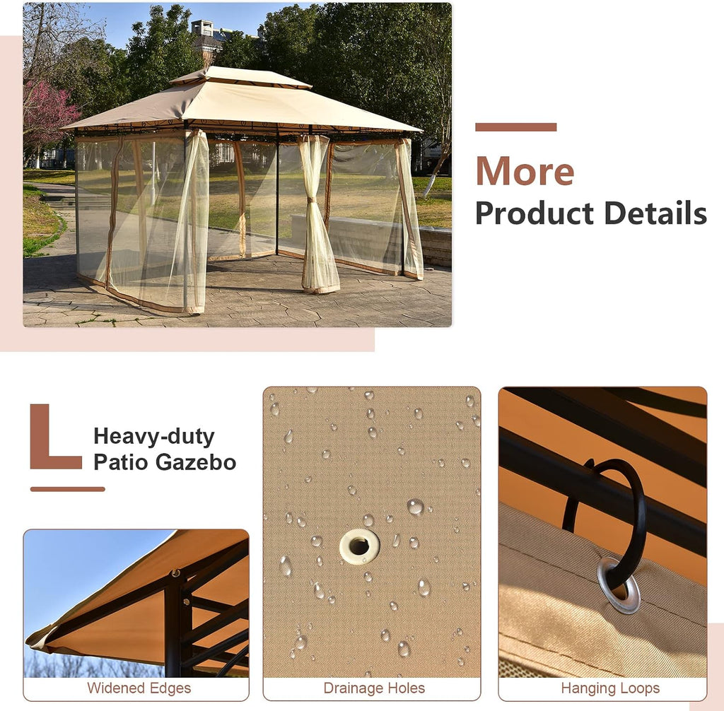Tangkula 10 x 13 FT Patio Gazebo, 2-Tier Outdoor Gazebo with Removable Netting, Outdoor Patio Shelter with 130 Square Feet of Shade, Ideal for Backyard, Deck, Garden