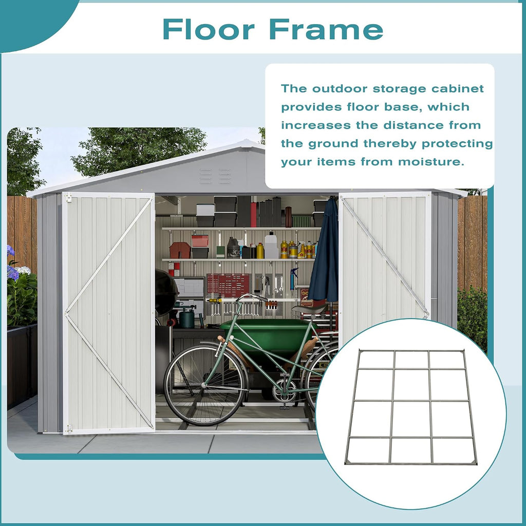 10 x 12 ft. Outdoor Storage Shed with Floor Frame Kit, Galvanized Steel Garden Shed, Metal ShedsGarden Tool Shed with Double Lockable Doors for Backyard Patio Lawn, Gray