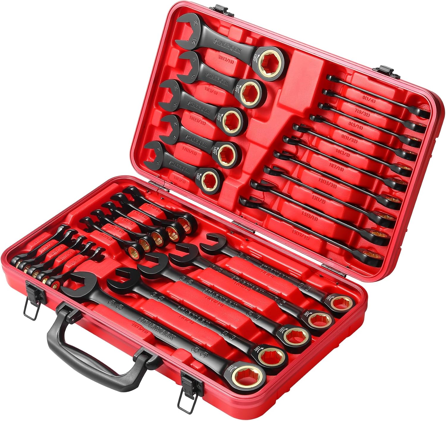 STARWORK TRUE MECHANIC™ 30-Piece 2-IN-1 Ratcheting Wrench Set, 120-Tooth, SAE&Metric, Gift Series with Red Case, Professional